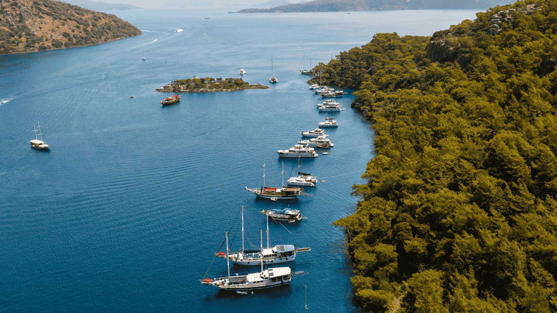 gocek bay in gulf yachts moored fethiye turkey